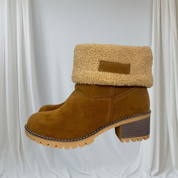 Chunky Teddy Furry Shearling Tan Brown Fold Over Ankle Boots EU 43 / US 12.5 - Picture 1 of 8